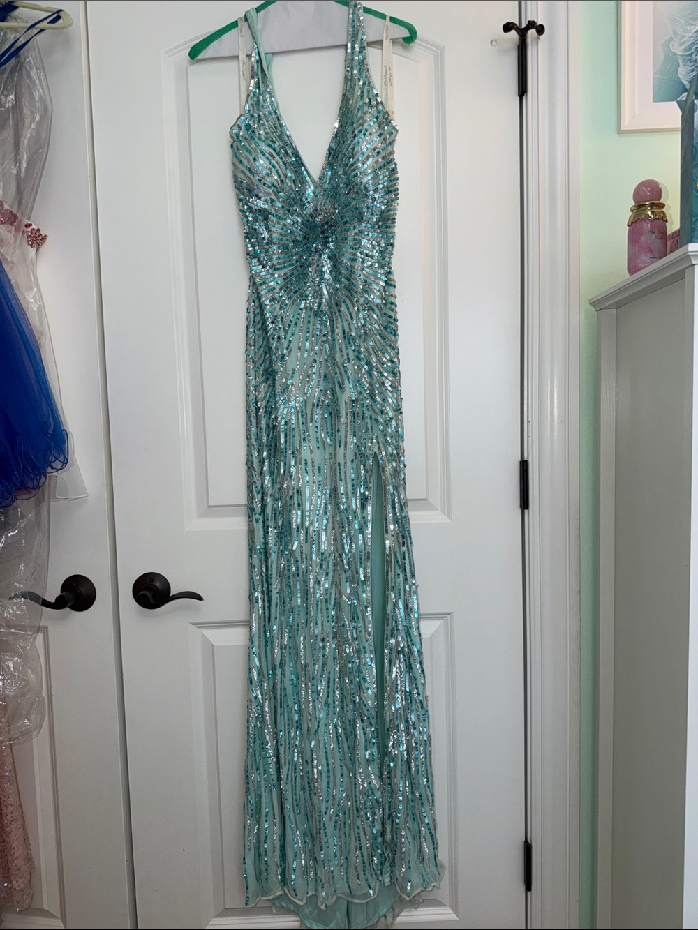 Mac Duggal Aqua Sequin V-Neck
